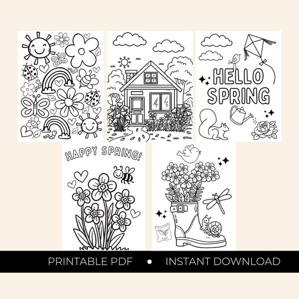 Spring Coloring Pages Pack, Five Pack of Spring Coloring Sheets, Spring Coloring for Kids, Kids Spring Activity, Adult Coloring Printable