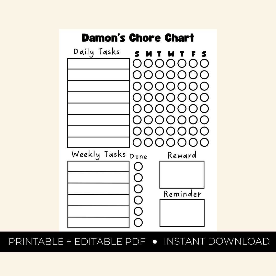 Chore Chart Printable, Editable Chore Chart, Daily Routine Checklist