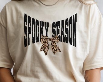 Retro Spooky Season Leopard Bow PNG, Varsity Halloween Sublimation Design (PNG)