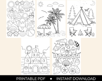 Summer Coloring Pages Pack, Kids & Adults Activity (Digital Download)