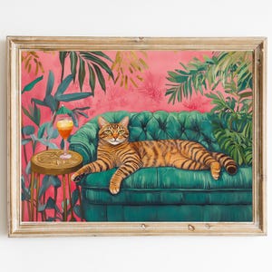 Getigerte Katze mit Tiki Cocktail Kunstdruck | Niedliches schrulliges wunderliches | Cocktail Art Bar Warenkorb Dekor | Fine Art Print Geschenk | Moderne Kunst