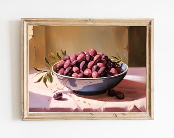 Vintage European Pastoral Italian Olive Bowl Downloadable Print | Soft Tone Oil Painting Wall Art | Appetizer Painting Retro Aesthetic