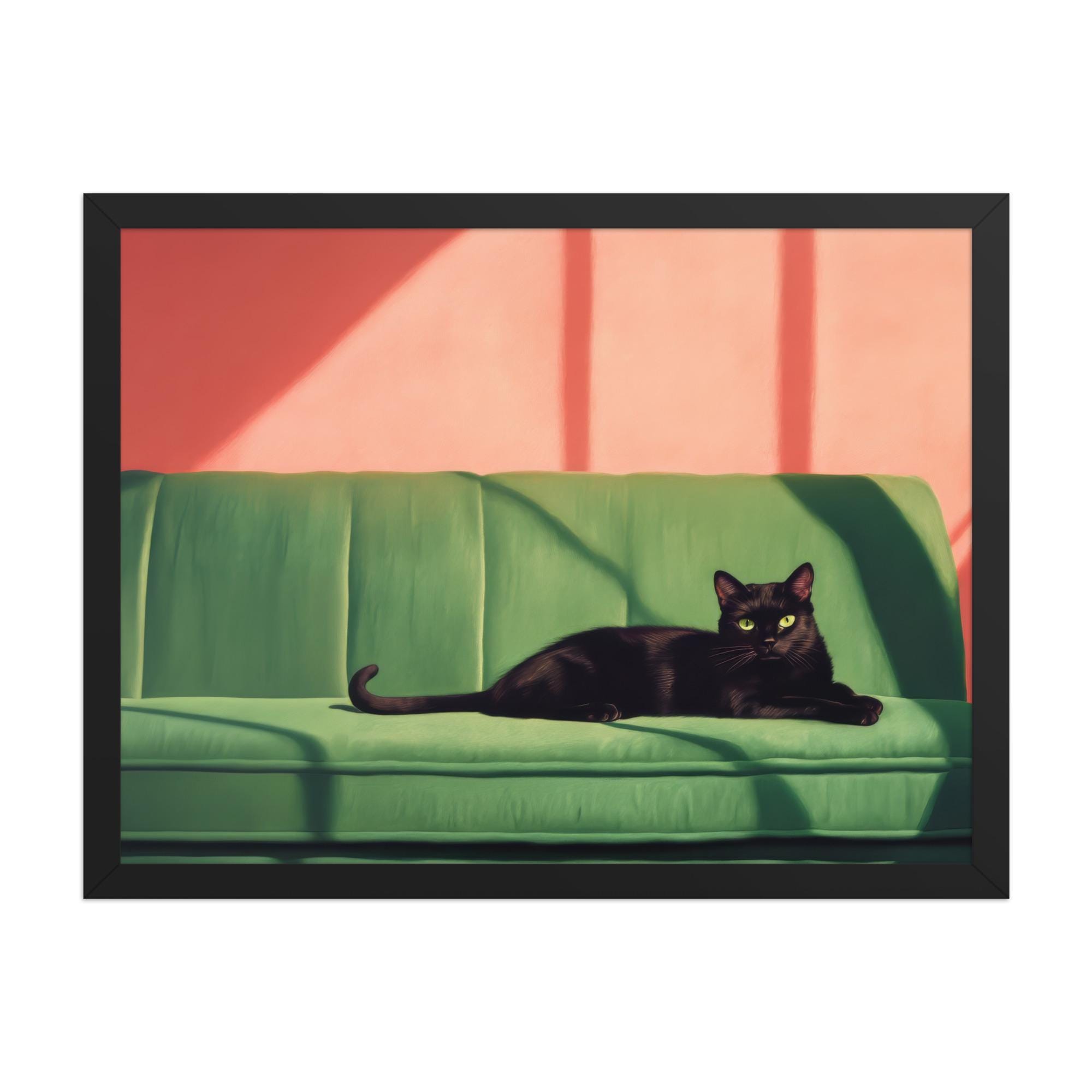 Black Cat on Green Sofa Print | Cute Quirky Whimsical | Cocktail Art Bar Cart Decor | Fine Art Print Gift | Aesthetic Oil Painting Gift