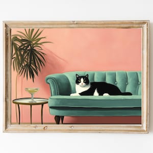 Tuxedo Katze mit Martini Kunstdruck | Niedliches schrulliges wunderliches | Cocktail Art Bar Warenkorb Dekor | Fine Art Print Geschenk | Trendy Home Wand Kunst Geschenk