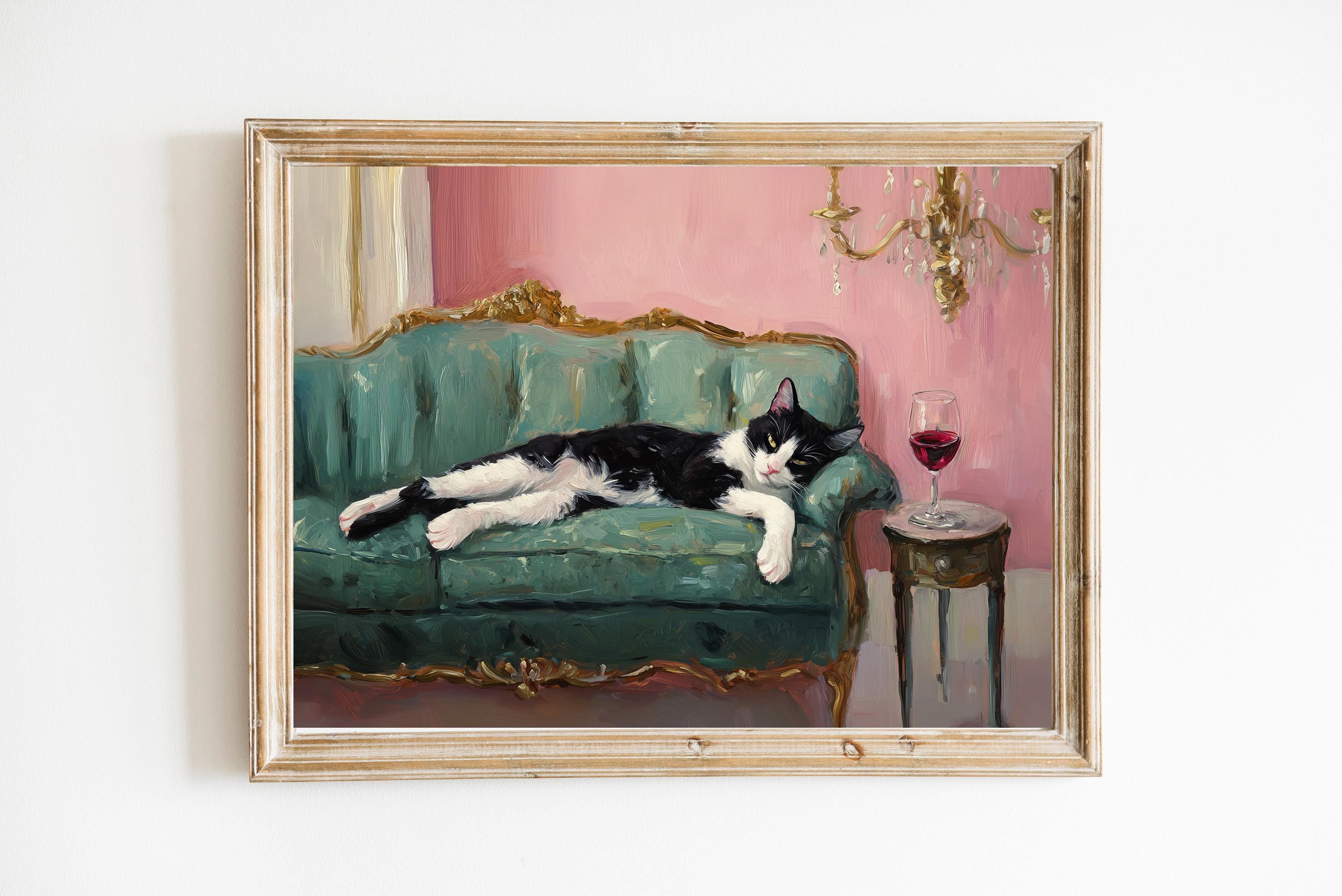 Tuxedo Cat with Red Wine Art Print | Cute Quirky Whimsical | Cocktail Art Bar Cart Decor | Fine Art Print Gift | Trendy Home Wall Art Print