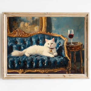 ビクトリア朝のソファーに座る赤ワインを飲むシベリア猫のアートプリント | キュートで風変わりな | カクテルアート バーカートの装飾 | トレンディなホームウォールアートギフト