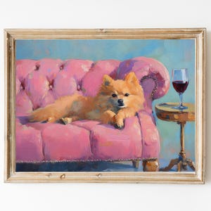 ポメラニアンと赤ワインのファインアートプリント | ポメラニアンの壁アート | ガーリーなピンクの壁アート | キュートで風変わりな | ポメラニアンママへのギフト | トレンディな壁アート
