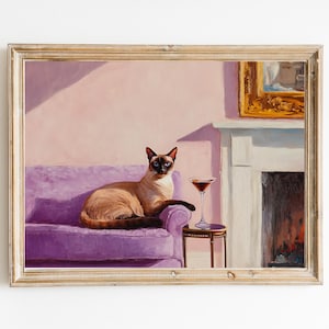 Siamkatze mit Espresso Martini Kunstdruck | Niedliches schrulliges wunderliches | Cocktail Art Bar Warenkorb Dekor | Fine Art Print Geschenk | Trendige Wand