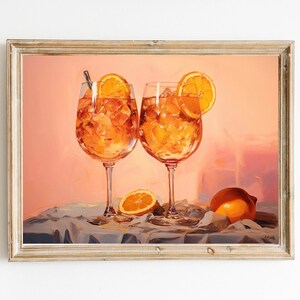 Wydruk na płótnie Aperol Spritz | Dekoracja wózka barowego Koktajlowa sztuka ścienna | Modny, skromny prezent dla niej | Oryginalne dzieło sztuki