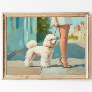 Wymyślny wydruk artystyczny Poodle City Walk | Sztuka ścienna Poodle | Dziewczęca różowa sztuka ścienna | Uroczy, dziwaczny, kapryśny | Prezent dla mamy Poodle | Modna sztuka ścienna