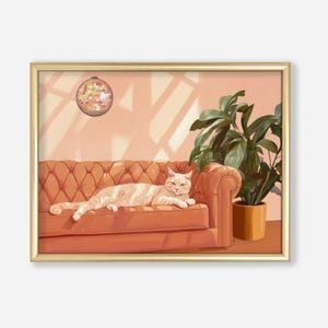 Ginger Cat met discobal palmkunstprint | Schattig eigenzinnig grillig | Cocktail Art Decor Barwagen | Cadeau kunstafdruk | Trendy muurkunst voor in huis