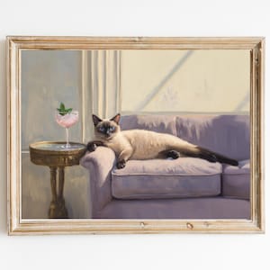 Siamkatze mit Pink Mojito Kunstdruck | Niedliches schrulliges wunderliches | Cocktail Art Bar Warenkorb Dekor | Fine Art Print Geschenk | Moderne Kunst