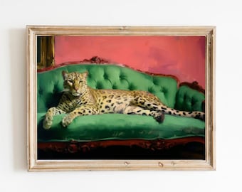 Jaguar auf grünem Samtsofa-Druck | Niedliches schrulliges wunderliches | Trendige Wandkunst | Kunstdruck | Ästhetisches Ölgemälde Geschenk