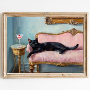 Zwarte kat met Cherry Cosmo-kunstprint | Schattig eigenzinnig grillig | Cocktail Art Decor Barwagen | Cadeau kunstafdruk | Trendy muurkunst voor in huis