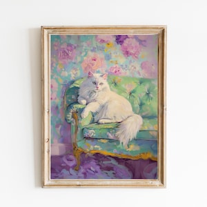 Sassy Perzische kat met bloemenbehang Fine Art Print | Schattig eigenzinnig grillig | Cocktail Art Decor Barwagen | Trendy wanddecoratie cadeau