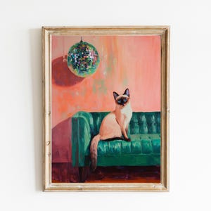 Siamkatze Discokugel Kunstdruck | Niedliches schrulliges wunderliches | Cocktail Art Bar Warenkorb Dekor | Fine Art Print Geschenk | Moderne Kunst