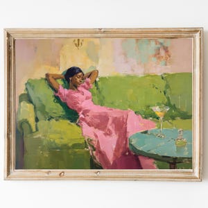 Frau auf Couch mit Martini | Niedliches schrulliges wunderliches | Cocktail Art Bar Warenkorb Dekor | Ästhetisches Ölgemälde Geschenk | Kunstvoller Wanddruck
