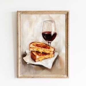 Gegrillter Käse und Rotwein Barwagen Kunst | Niedliches schrulliges wunderliches | Cocktail Art Bar Warenkorb Dekor | Gegrillter Käse Kunstdruck Geschenk | Girly Wand