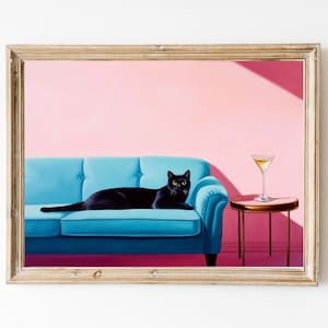Mid-Century Modern Black Cat with Martini Pink Wall Art Print | Cute Quirky Whimsical | Cocktail Art Bar Cart Decor | Fine Art Print Gift