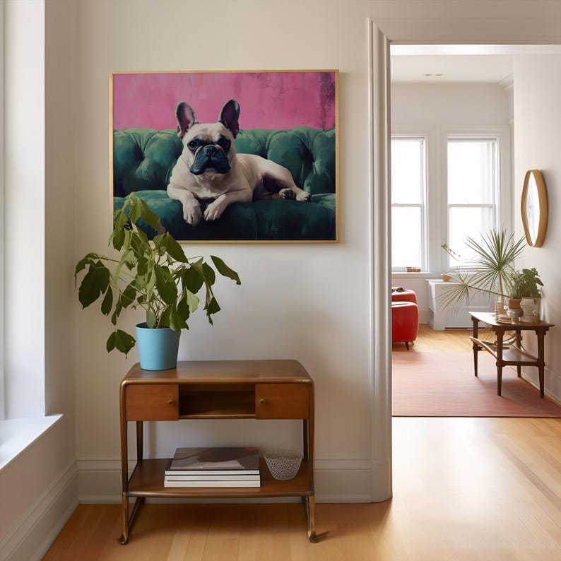Vintage Inspired French Bulldog on Green Sofa Soft Tone Oil Painting