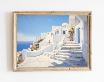 Vintage Inspired Santorini Greece Seaside Downloadable Print | Soft Tone Oil Painting Wall Art | Travel Painting Retro Aesthetic