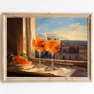 Aperol Spritz Italienisches Stadtbild Poster | Niedliches schrulliges wunderliches | Cocktail Art Bar Warenkorb Dekor | Ästhetisches Ölgemälde | Trendige Küchenwand