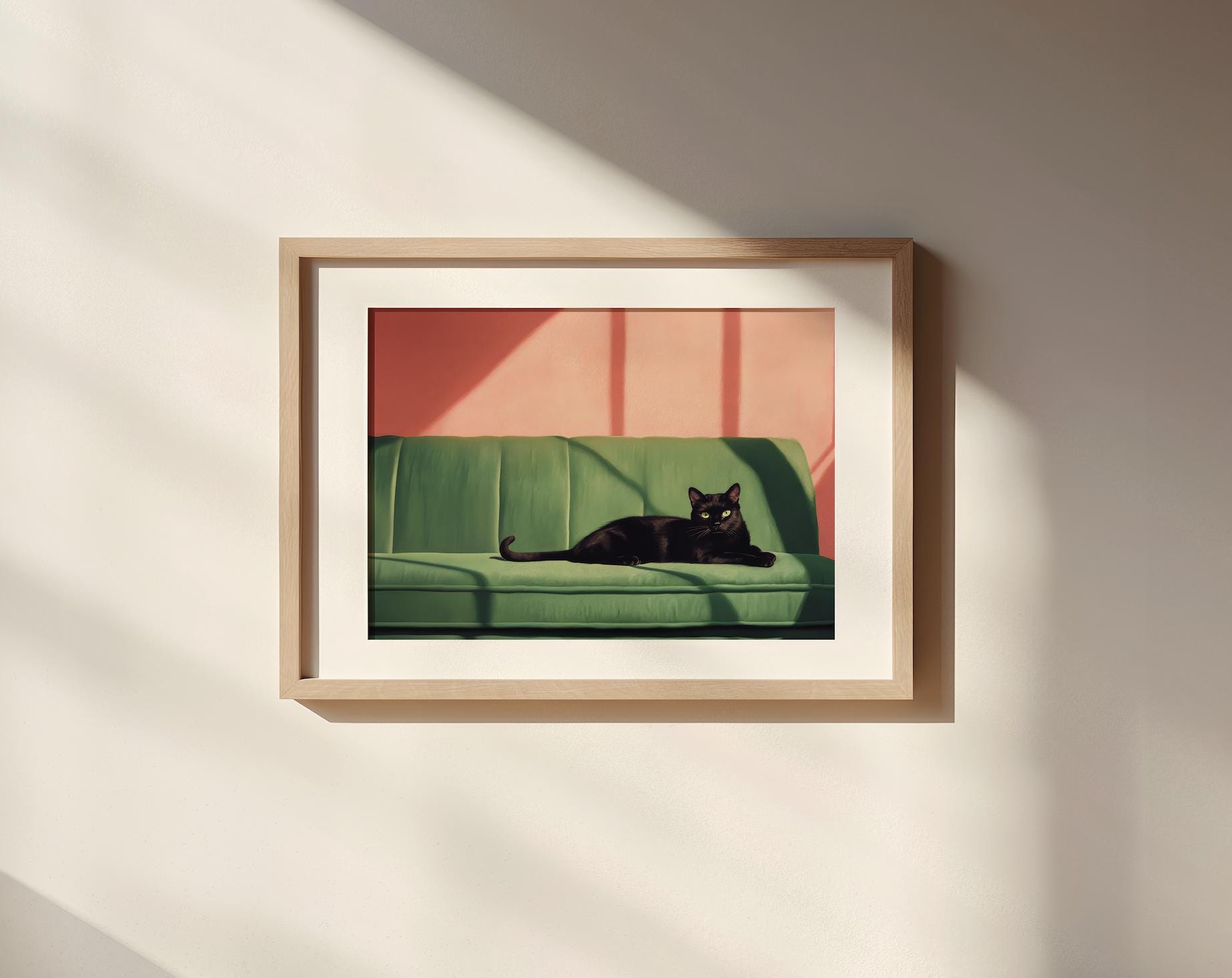 Black Cat on Green Sofa Print | Cute Quirky Whimsical | Cocktail Art Bar Cart Decor | Fine Art Print Gift | Aesthetic Oil Painting Gift