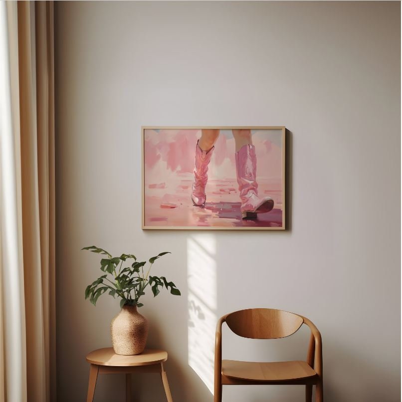 Cowgirl In Pink Boots | Cowgirl Decor | Trendy Wall Art | Retro Western Print | Girly Pink Wall Art | Coquette Elegant Oil Painting