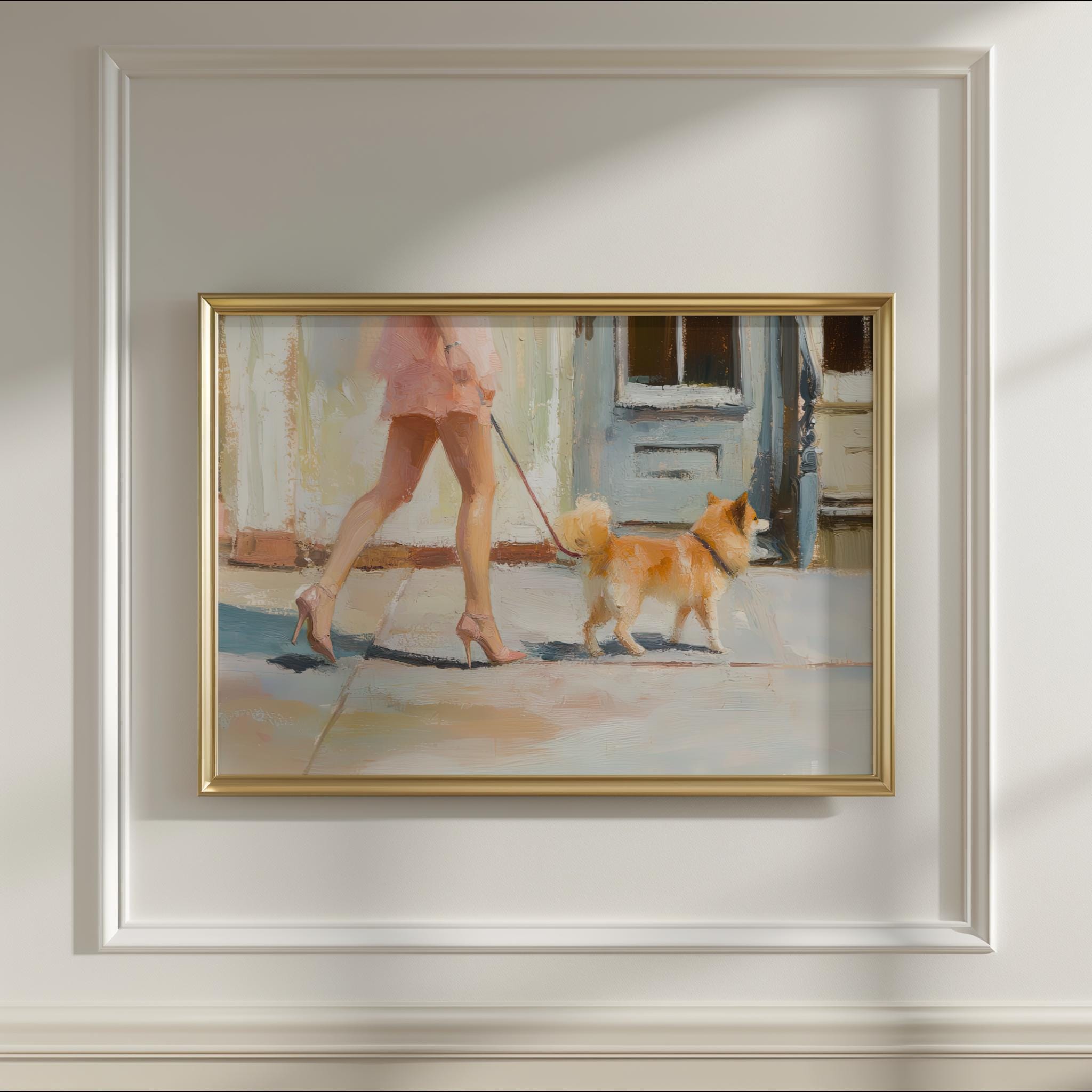 Pink Dress Pomeranian Walk Art Print | Pomeranian Wall Art | Girly Pink Wall Art | Cute Quirky Whimsical | Pom Mom Gift | Trendy Wall Art
