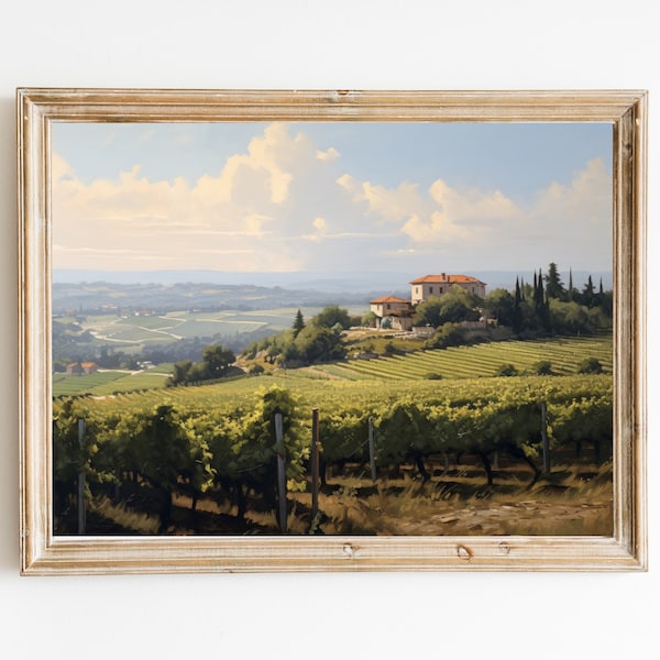 Vintage Inspired Tuscan Vineyard Countryside Downloadable Print | Soft Tone Oil Painting Wall Art | Countryside Oil Painting Retro Aesthetic