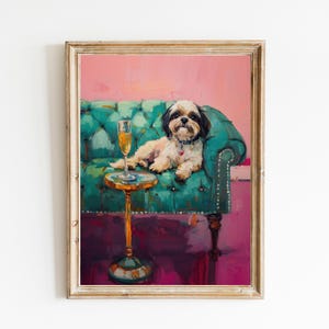 Shih Tzu mit Champagner Kunstdruck | Niedliches schrulliges wunderliches | Cocktail Art Bar Warenkorb Dekor | Fine Art Print Geschenk | Moderne Kunst