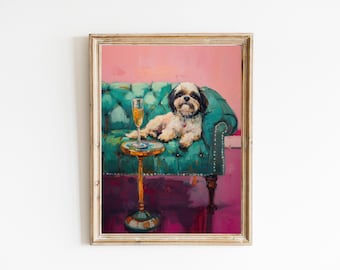 Shih Tzu with Champagne Art Print: Quirky Cocktail Bar Decor