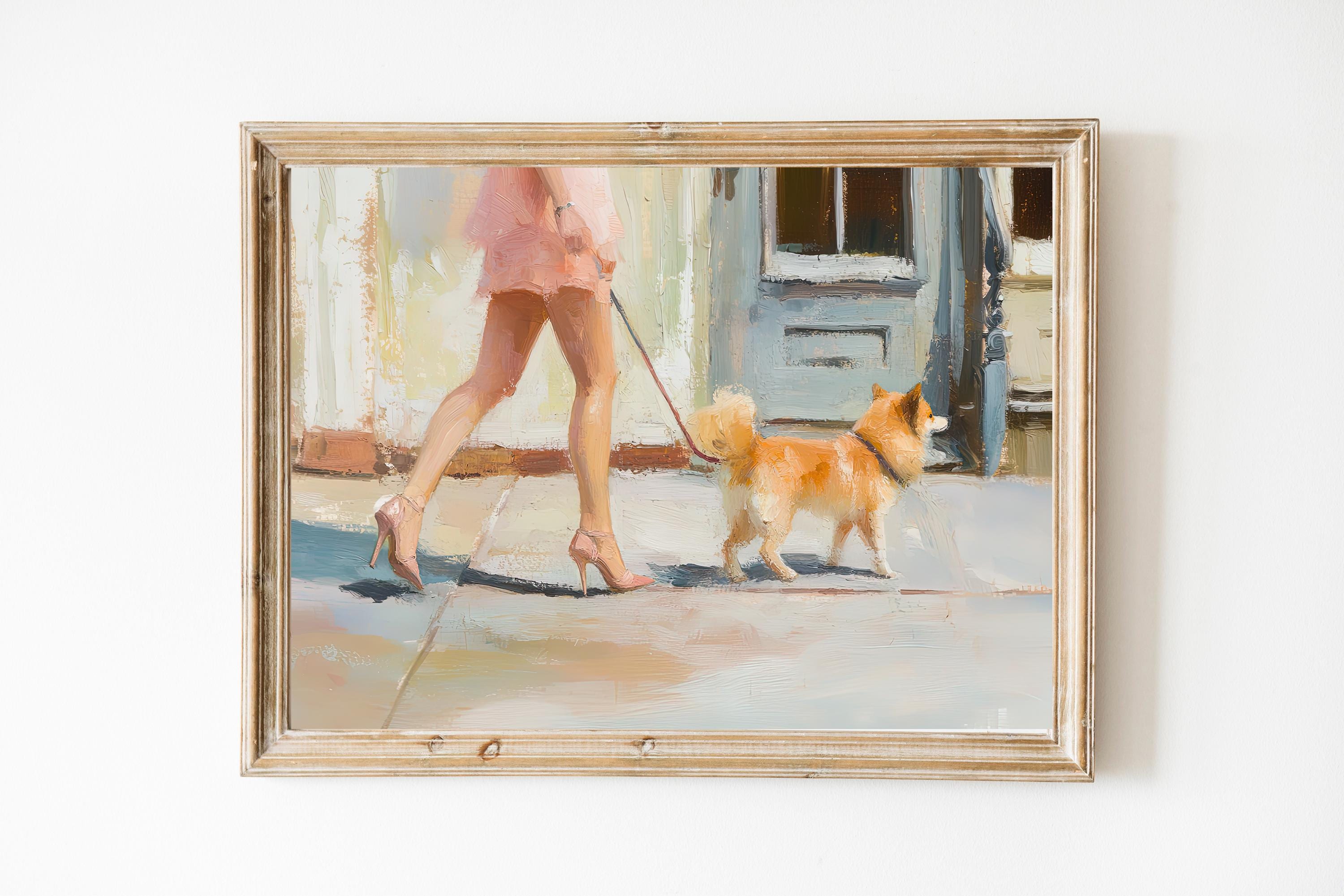 Pink Dress Pomeranian Walk Art Print | Pomeranian Wall Art | Girly Pink Wall Art | Cute Quirky Whimsical | Pom Mom Gift | Trendy Wall Art