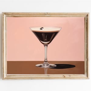 Espresso Martini Pink Wand Kunst Druck | Niedliches schrulliges wunderliches | Cocktail Art Bar Warenkorb Dekor | Ästhetisches Ölgemälde | Trendige Küchenwand