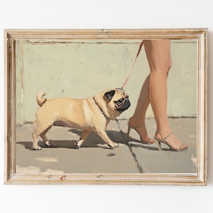 Pug on City Walk Fine Art Print | Sztuka ścienna Pug Dog | Dziewczęca różowa sztuka ścienna | Słodka, dziwaczna, kapryśna | Prezent dla mamy mopsa | Modny prezent na sztukę ścienną