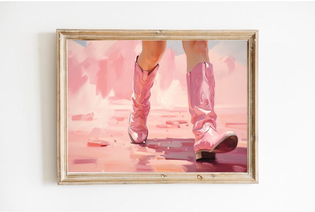 Cowgirl In Pink Boots | Cowgirl Decor | Trendy Wall Art | Retro Western Print | Girly Pink Wall Art | Coquette Elegant Oil Painting
