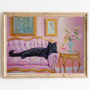 Zwarte kat met roze mojito-kunstprint | Schattig eigenzinnig grillig | Cocktail Art Decor Barwagen | Cadeau kunstafdruk