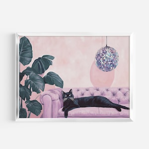 Schwarze Katze mit Discokugel Kunstdruck | Niedliches schrulliges wunderliches | Cocktail Art Bar Warenkorb Dekor | Fine Art Print Geschenk | Trendy Home Wand Kunst Druck