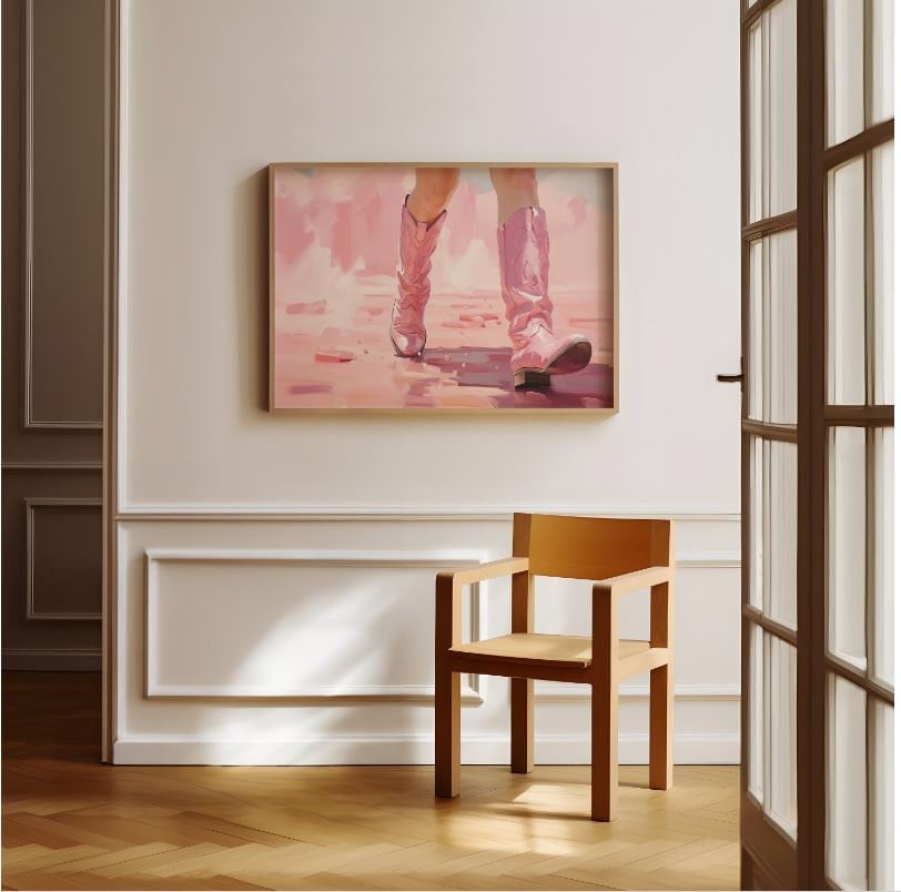 Cowgirl In Pink Boots | Cowgirl Decor | Trendy Wall Art | Retro Western Print | Girly Pink Wall Art | Coquette Elegant Oil Painting