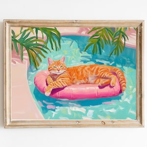 Ginger Cat in Pink Pool Float Kunstdruck | Niedliches schrulliges wunderliches | Cocktail Art Bar Warenkorb Dekor | Fine Art Print Geschenk | Moderne Kunst