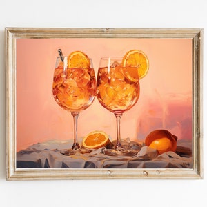 Vintage Inspired European Italian Aperol Spritz Downloadable Print Soft Tone Oil Painting Wall Art Cocktail Painting Retro Aesthetic image 1