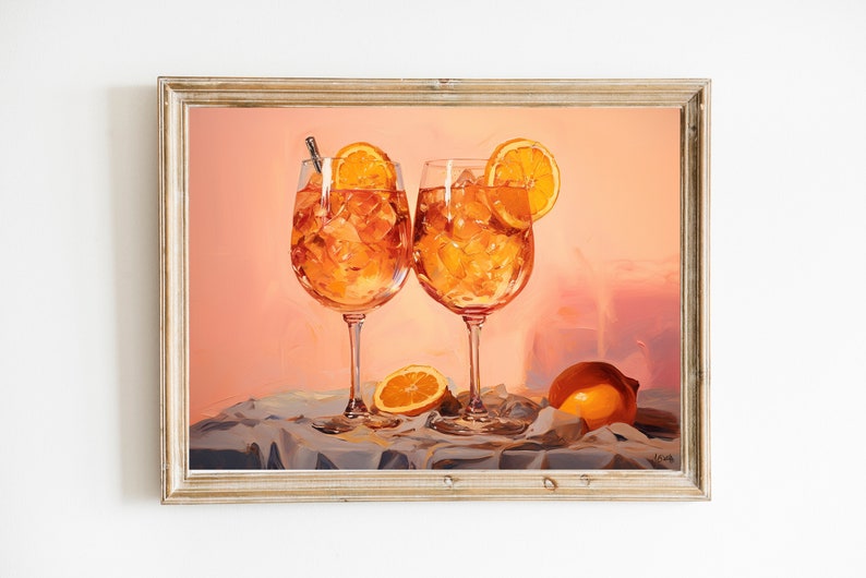 Vintage Inspired European Italian Aperol Spritz Downloadable Print Soft Tone Oil Painting Wall Art Cocktail Painting Retro Aesthetic image 1