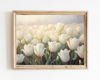 Vintage Inspired Dreamy Tulip Fields Downloadable Print | Soft Tone Oil Painting Wall Art | Garden Plant Oil Painting Retro Aesthetic