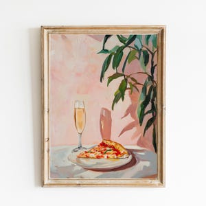 Champagner und Pizza Kunstdruck | Niedliches schrulliges wunderliches | Cocktail Art Bar Warenkorb Dekor | Champagner und Pizza-Rahmen | Trendige Küchenkunst
