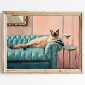 Langhaarige Siamkatze mit Espresso Martini Kunstdruck | Niedliches schrulliges wunderliches | Cocktail Art Bar Warenkorb Dekor | Fine Art Print Geschenk
