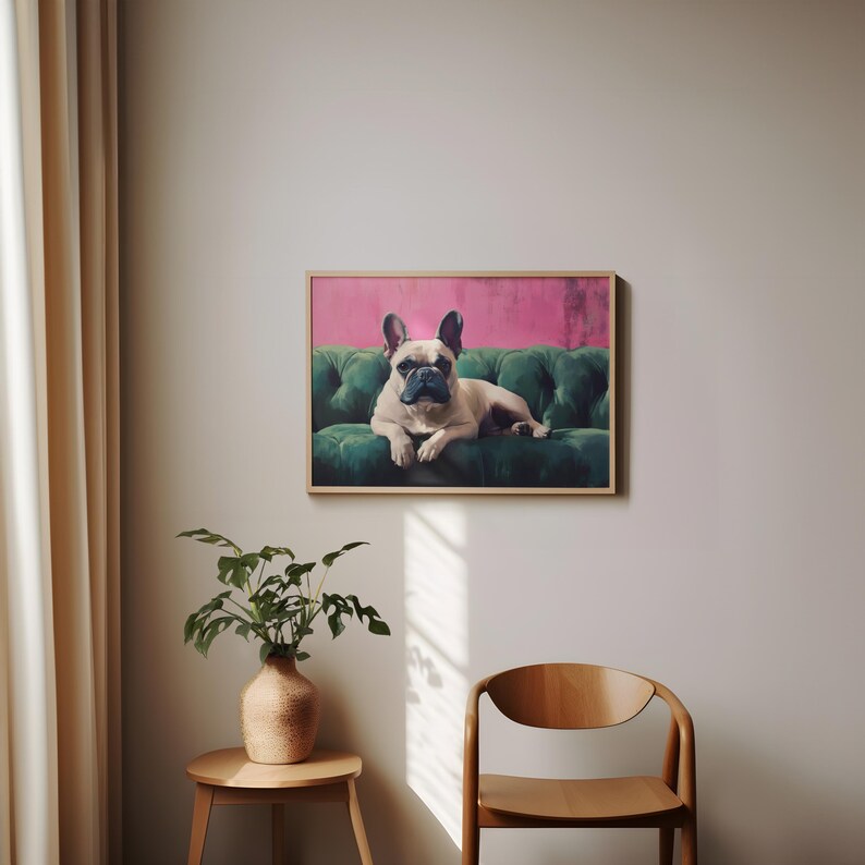 Vintage Inspired French Bulldog on Green Sofa Soft Tone Oil Painting