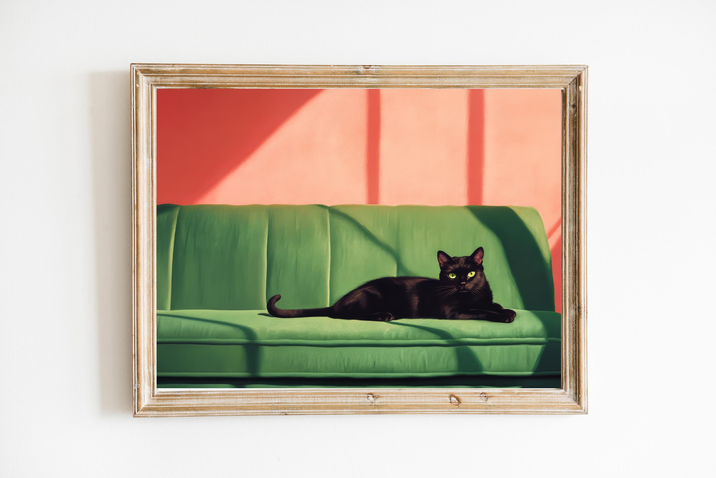Black Cat on Green Sofa Print | Cute Quirky Whimsical | Cocktail Art Bar Cart Decor | Fine Art Print Gift | Aesthetic Oil Painting Gift