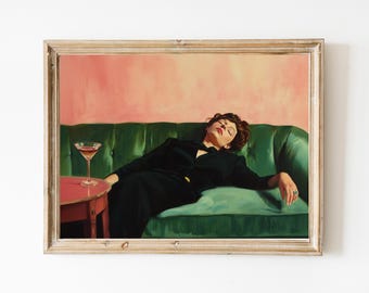 Woman on Couch with Martini | Soft Tonal Oil Painting | Cocktail Art Bar Cart Decor | Aesthetic Oil Painting Gift | Trendy Wall Art Print