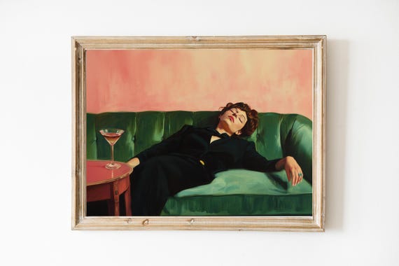 Woman on Couch with Martini | Soft Tonal Oil Painting | Cocktail