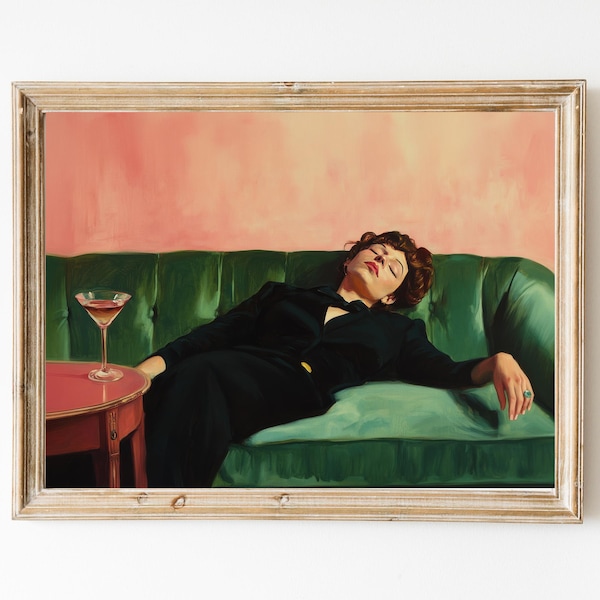 Woman on Couch with Martini | Soft Tonal Oil Painting | Cocktail Art Bar Cart Decor | Aesthetic Oil Painting Gift | Chic Wall Art Print